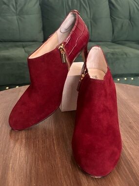 MICHAEL Michael Kors Burgundy Suede Croc-Accent Heel Booties